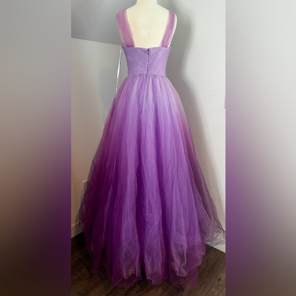 Mac Duggal 20553 Purple Cross Front Strap Ombre Tulle Gown Lilac Dress - Picture 6 of 7